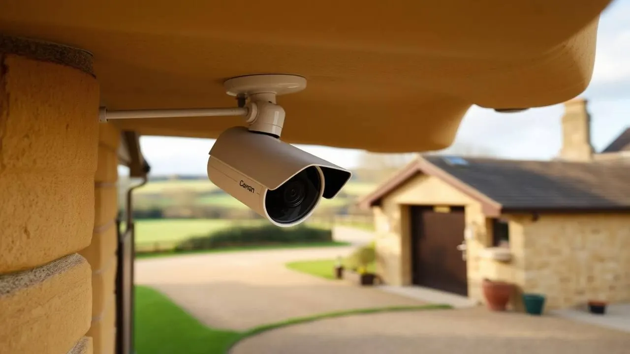 Security camera mounted under house eaves