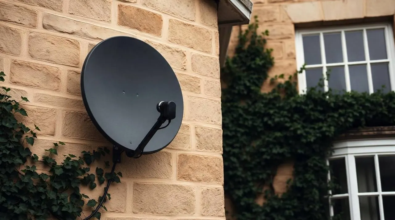 Black satellite dish fixed to a stone wall