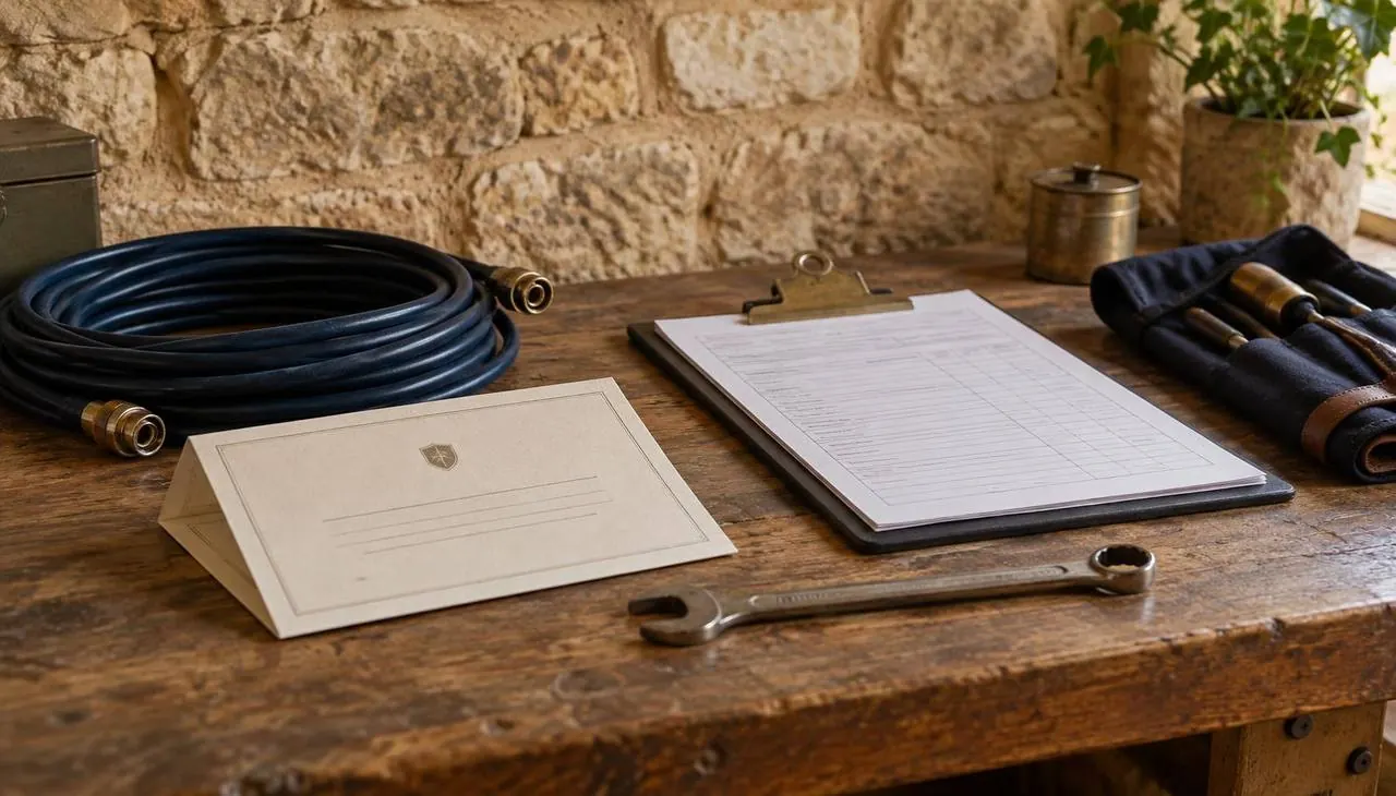 Warranty certificate and job sheet resting on an engineer's workbench beside tools