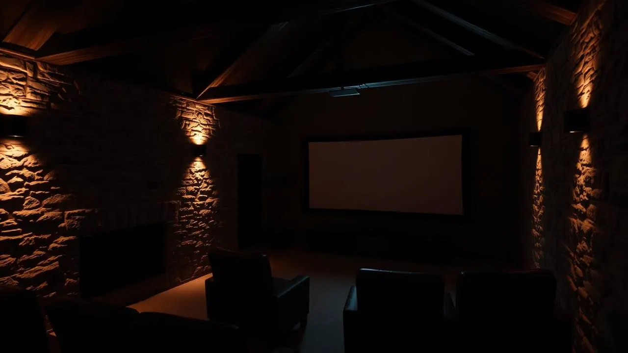 Projector-based home cinema setup with in-ceiling speakers in a converted barn living room