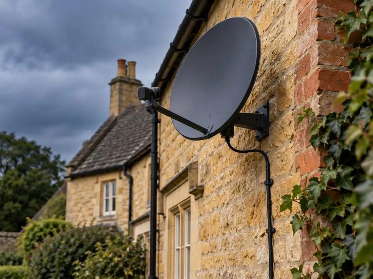 Modern black satellite dish installed on a house