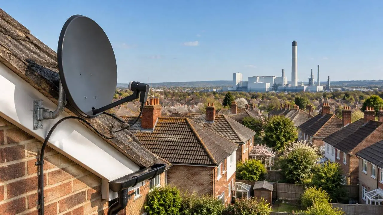 Didcot rooftops with TV aerial and satellite dish installations by Oxford Aerial Solutions