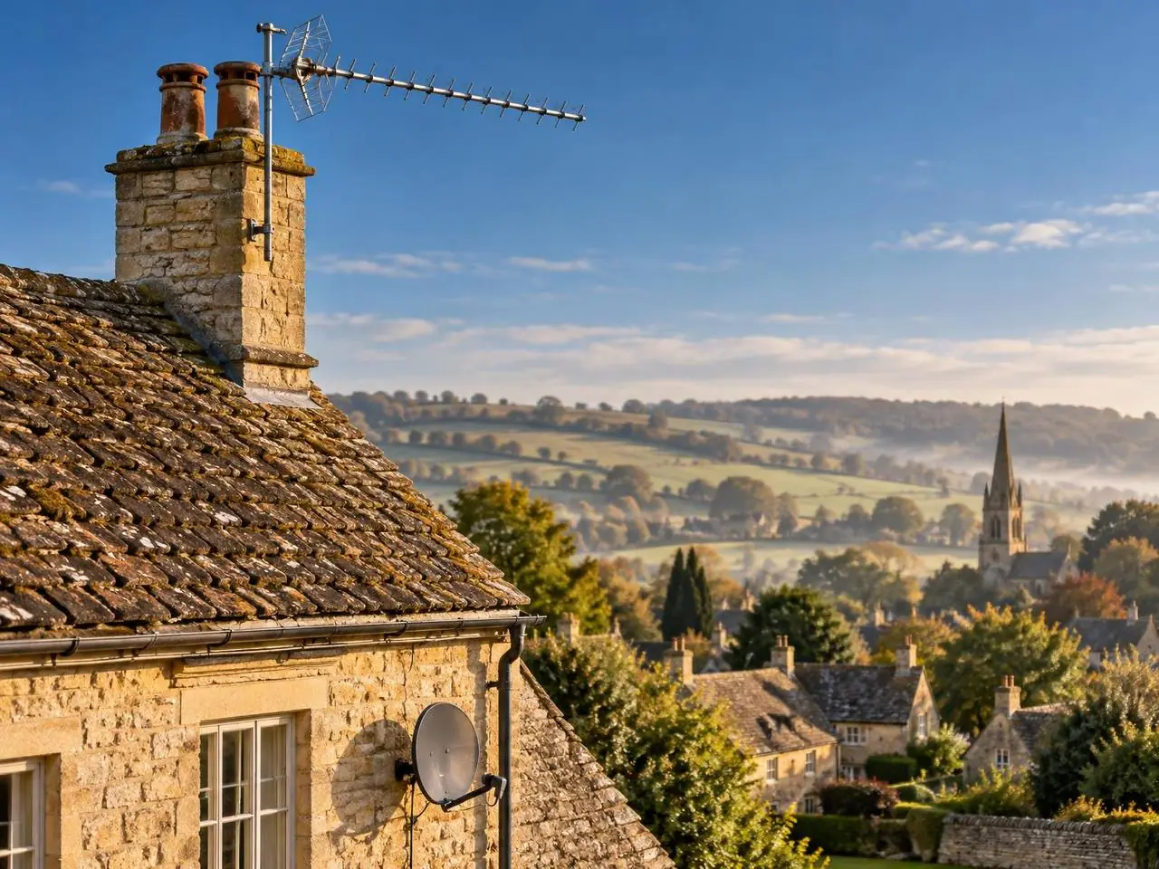 New digital TV aerial fitted to the chimney of an Oxfordshire stone cottage overlooking the countryside